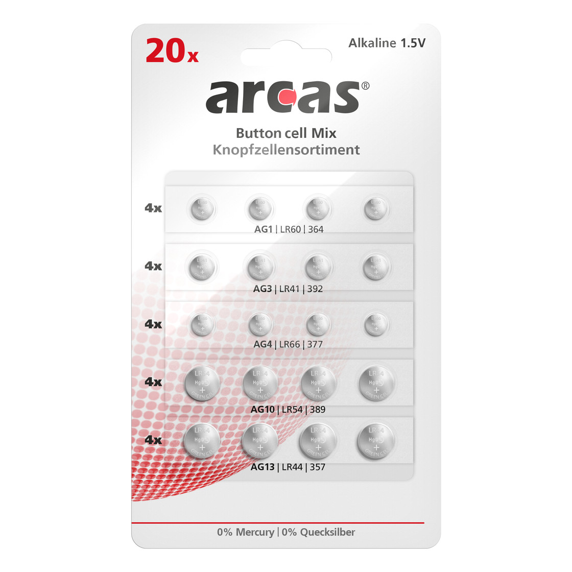 10871_0 Arcas Knopfzellen Set 20 Stk. AG1, AG3, AG4, AG10, AG13