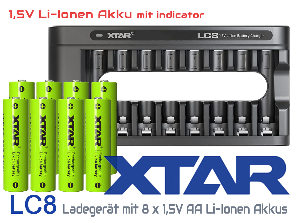 27353_0 Xtar LC8 Ladegerät inkl. 8x AA, LR6, 1.5V Li-Ion Akkus mit Akku-Wechselanzeige