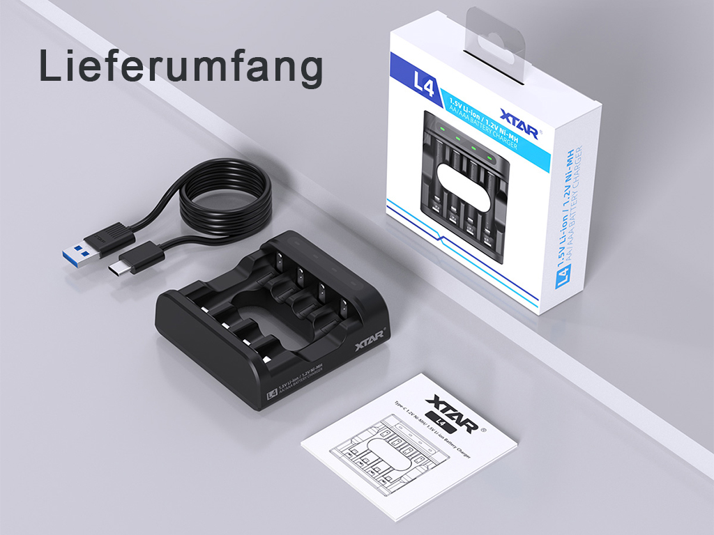 Xtar L4 mit 4 Ladeschächten für Li-Ionen 1,5V, NiMh / NiCd 1,5V AA und AAA Akkus