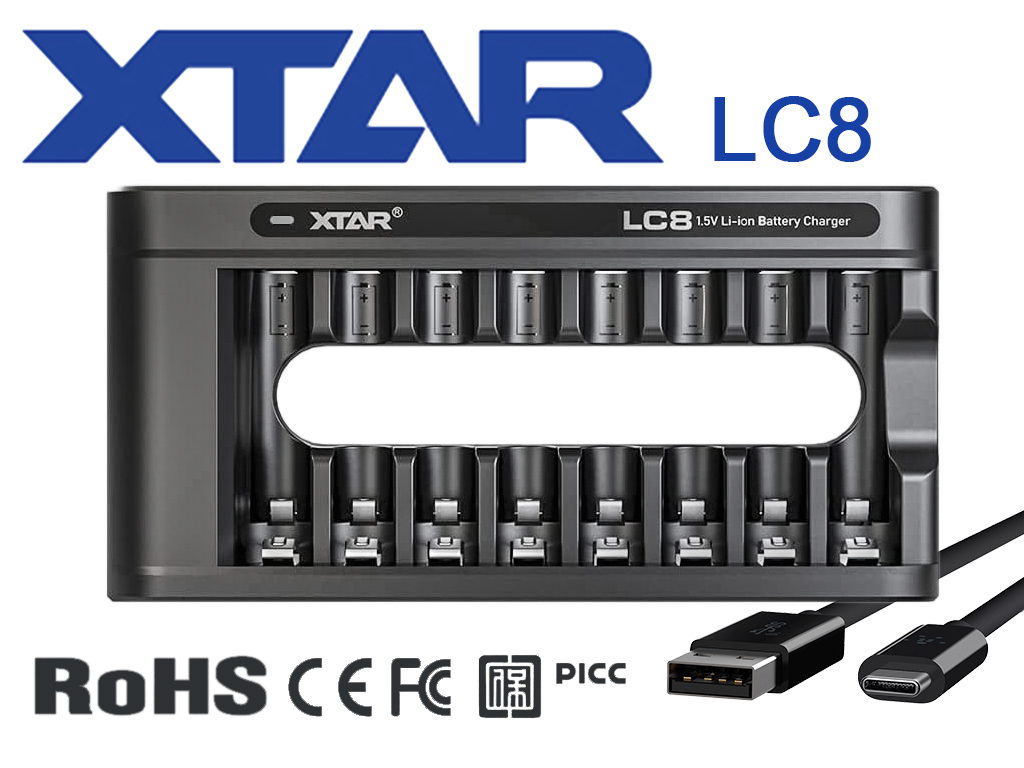 Xtar LC8 Ladegerät inkl. 8x AA, LR6, 1.5V Li-Ion Akkus mit Akku-Wechselanzeige