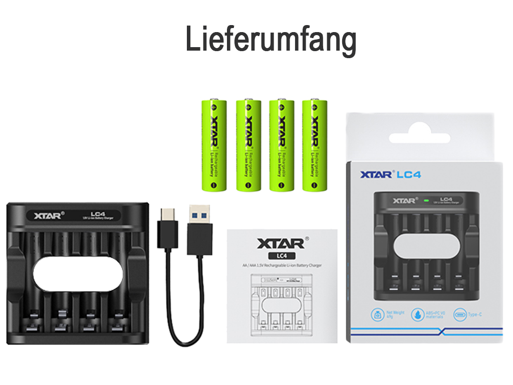27254_1 Xtar LC4 Ladegerät inkl. 4x AA, LR6, 1.5V Li-Ion Akkus mit Akku-Wechselanzeige
