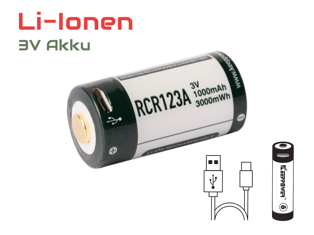 18640_0qb2uOuKMjS74v Keeppower RCR123 3V 1000mAh Li-Ion (Wiederaufladbar über micro USB)